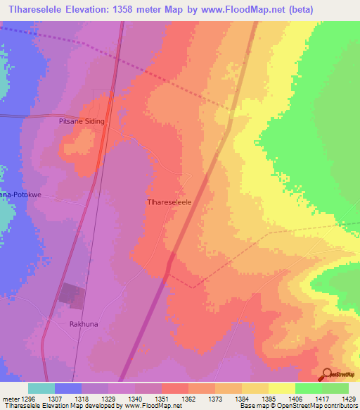 Tlhareselele,Botswana Elevation Map