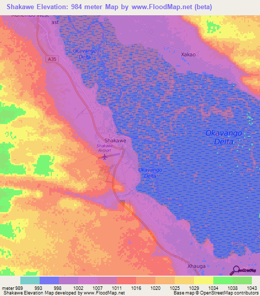 Shakawe,Botswana Elevation Map