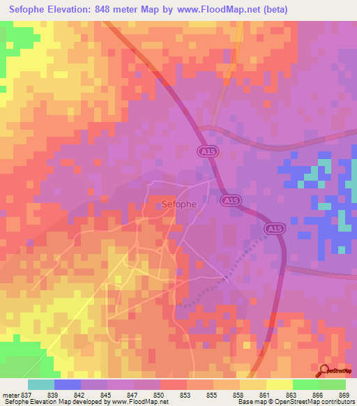 Sefophe,Botswana Elevation Map