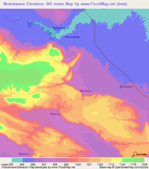 Mokokwane,Botswana Elevation Map
