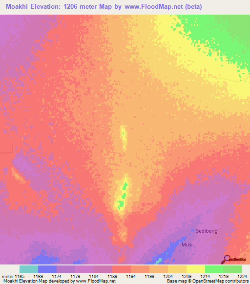 Moakhi,Botswana Elevation Map
