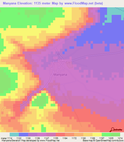 Manyana,Botswana Elevation Map