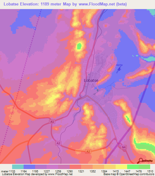 Lobatse,Botswana Elevation Map