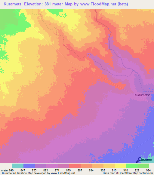Kurametsi,Botswana Elevation Map