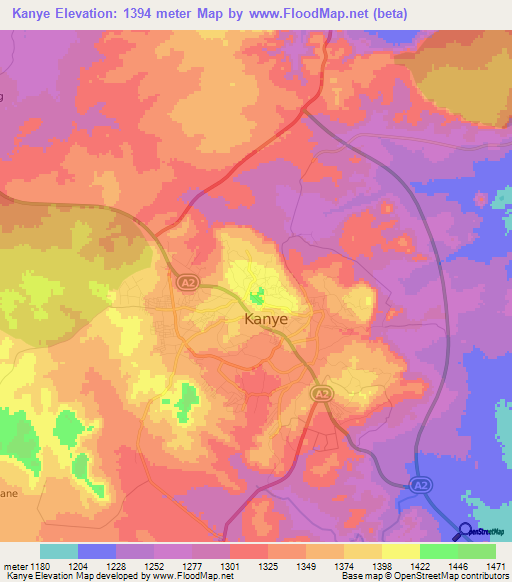 Kanye,Botswana Elevation Map
