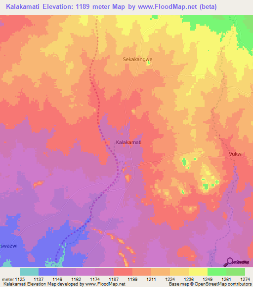 Kalakamati,Botswana Elevation Map