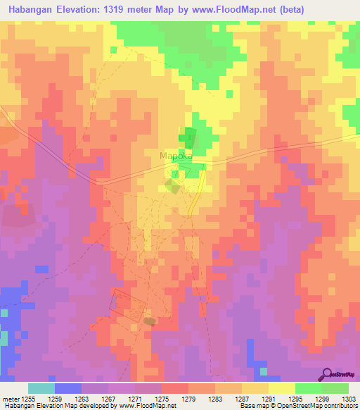 Habangan,Botswana Elevation Map