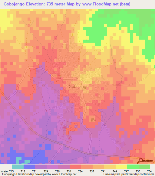 Gobojango,Botswana Elevation Map