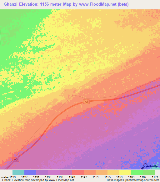 Ghanzi,Botswana Elevation Map