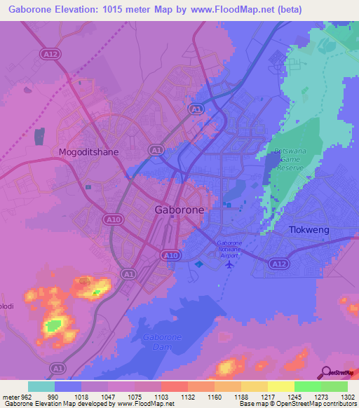 Gaborone,Botswana Elevation Map