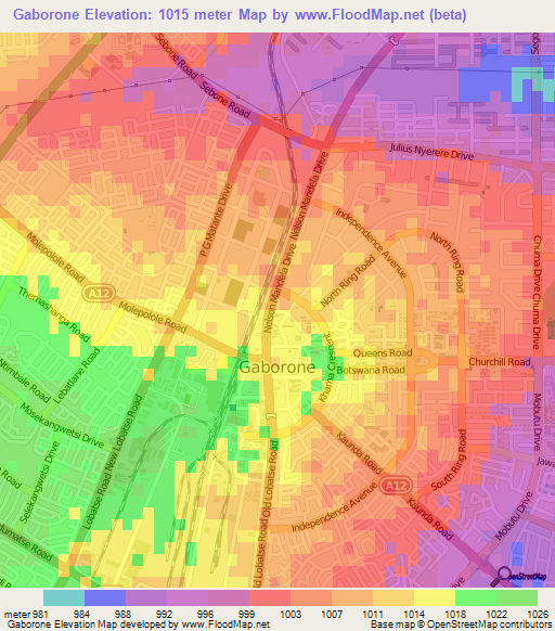 Gaborone,Botswana Elevation Map