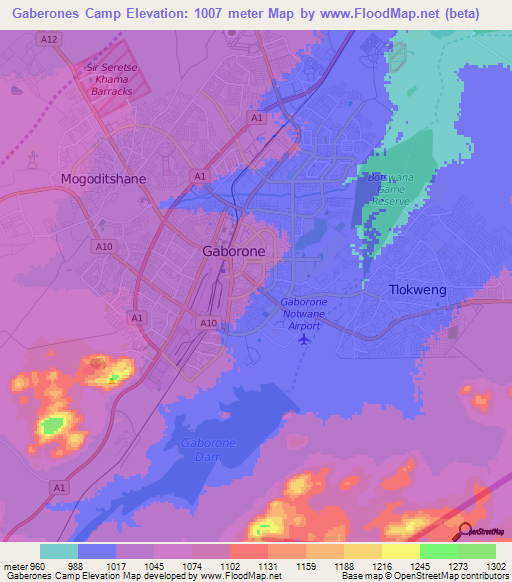 Gaberones Camp,Botswana Elevation Map
