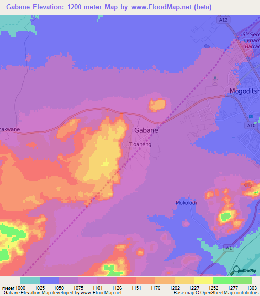 Gabane,Botswana Elevation Map