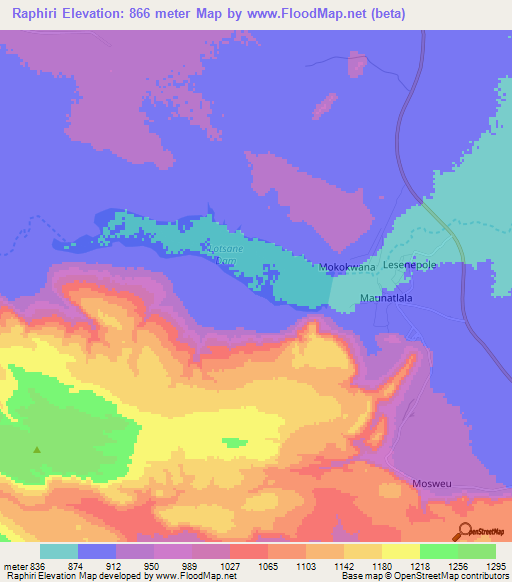Raphiri,Botswana Elevation Map