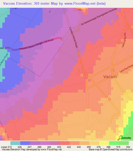 Vacoas,Mauritius Elevation Map