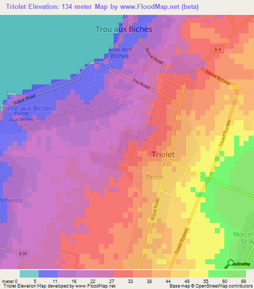 Triolet,Mauritius Elevation Map