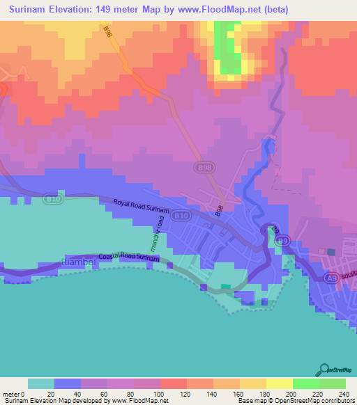 Surinam,Mauritius Elevation Map
