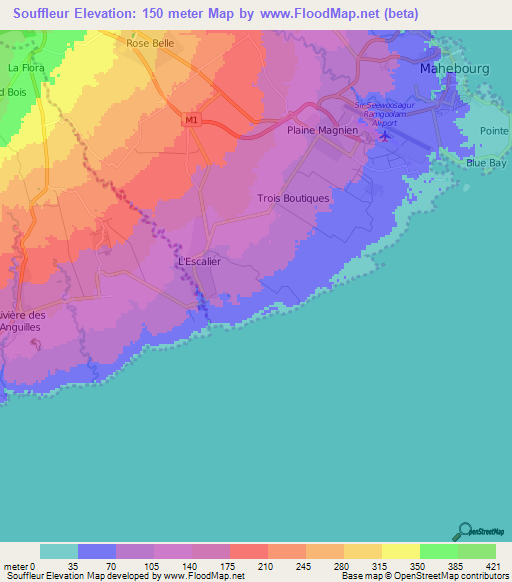 Souffleur,Mauritius Elevation Map