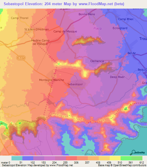 Sebastopol,Mauritius Elevation Map