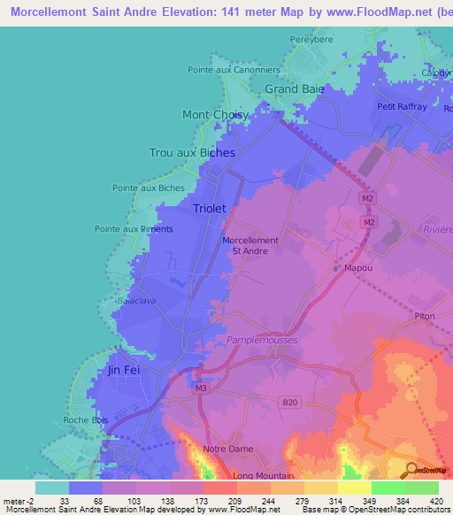 Morcellemont Saint Andre,Mauritius Elevation Map
