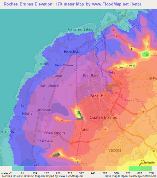 Roches Brunes,Mauritius Elevation Map