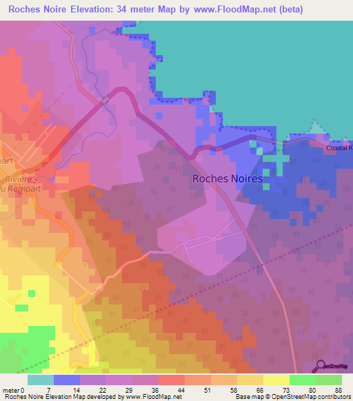Roches Noire,Mauritius Elevation Map