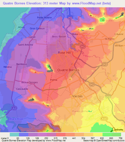 Quatre Bornes,Mauritius Elevation Map