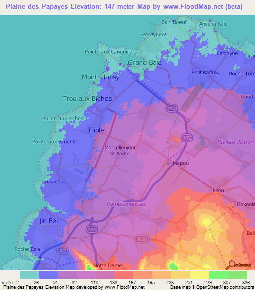 Plaine des Papayes,Mauritius Elevation Map