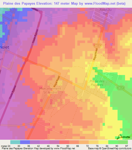 Plaine des Papayes,Mauritius Elevation Map
