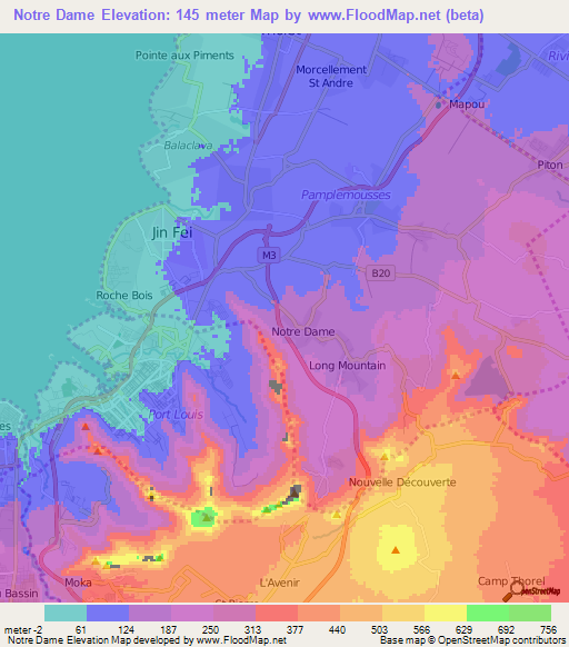 Notre Dame,Mauritius Elevation Map