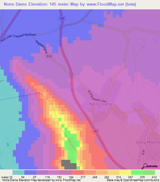 Notre Dame,Mauritius Elevation Map