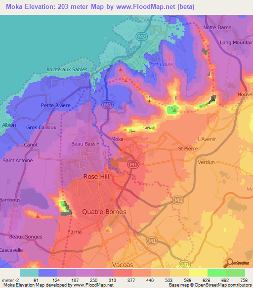 Moka,Mauritius Elevation Map
