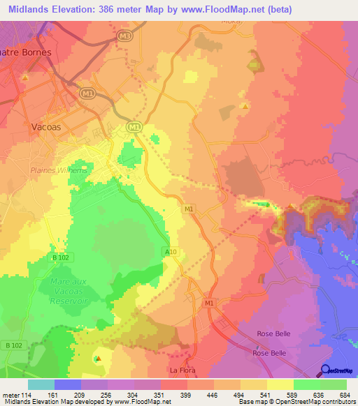 Midlands,Mauritius Elevation Map