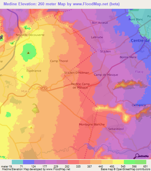 Medine,Mauritius Elevation Map