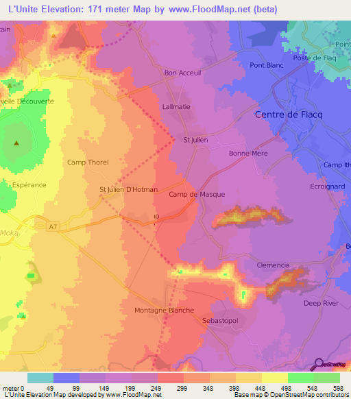 L'Unite,Mauritius Elevation Map