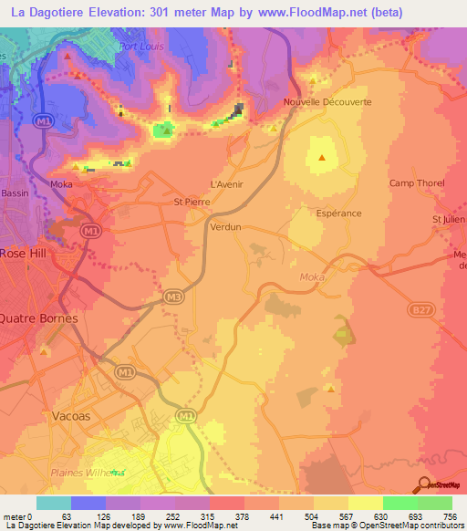 La Dagotiere,Mauritius Elevation Map