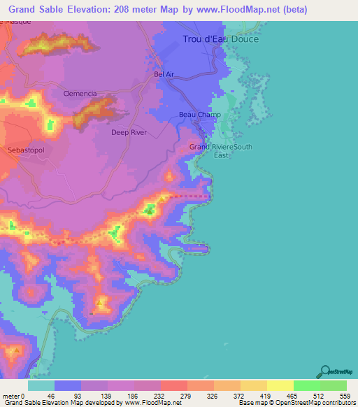 Grand Sable,Mauritius Elevation Map