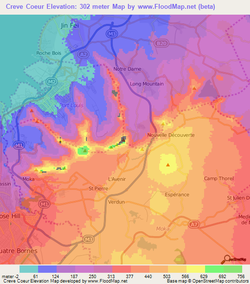 Creve Coeur,Mauritius Elevation Map