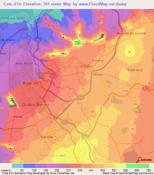 Cote d'Or,Mauritius Elevation Map