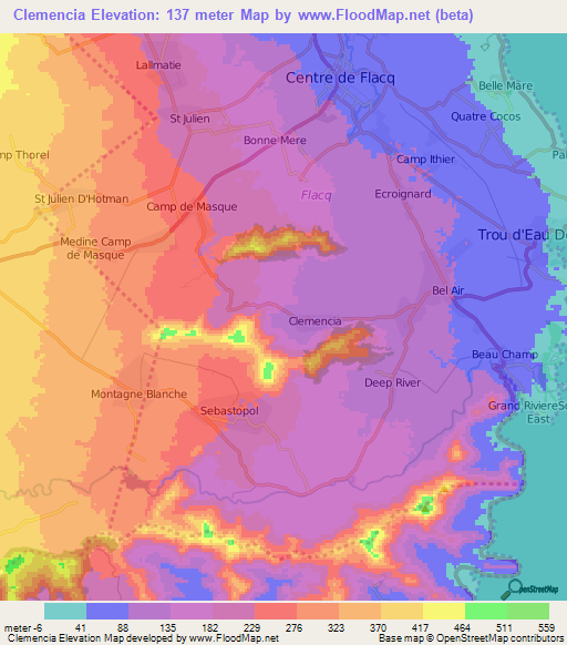 Clemencia,Mauritius Elevation Map
