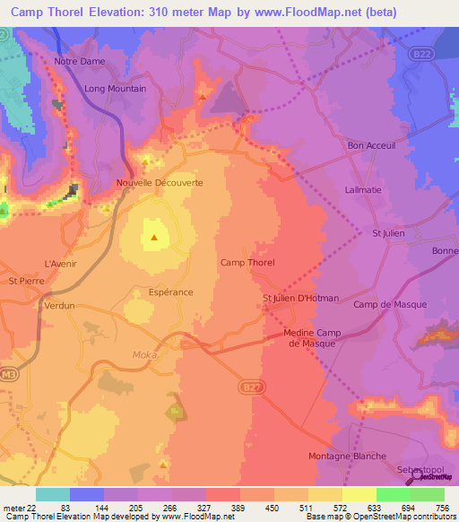 Camp Thorel,Mauritius Elevation Map