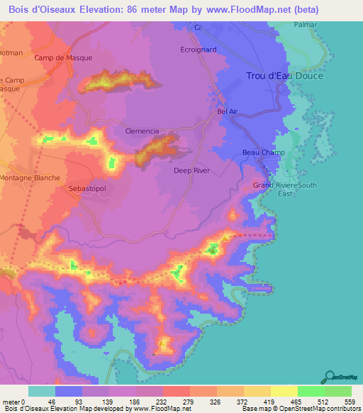 Bois d'Oiseaux,Mauritius Elevation Map