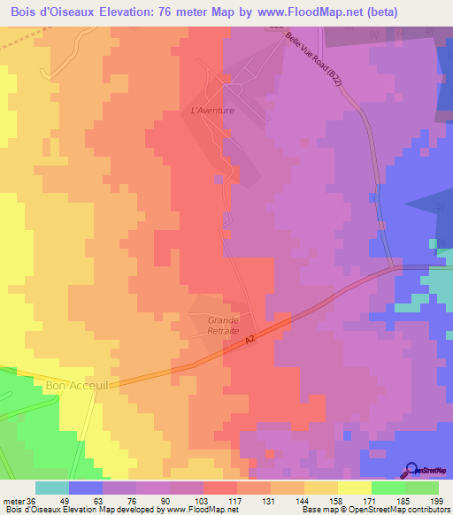Bois d'Oiseaux,Mauritius Elevation Map