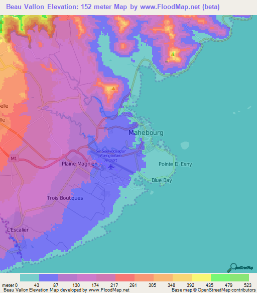 Beau Vallon,Mauritius Elevation Map