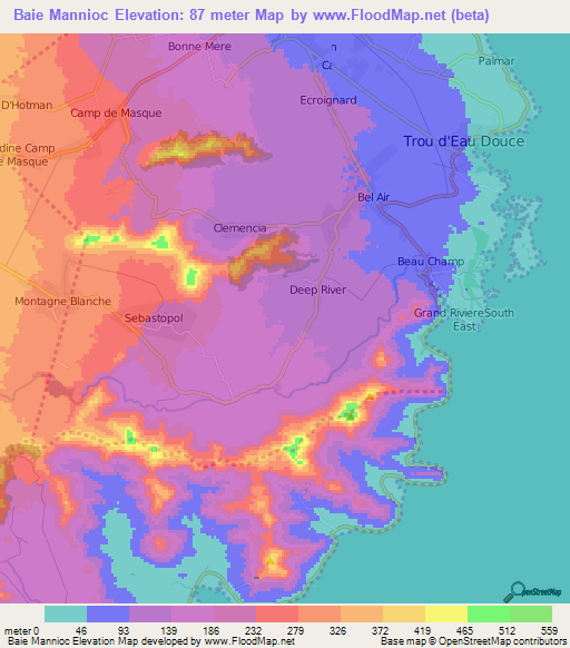 Baie Mannioc,Mauritius Elevation Map