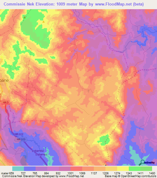 Commissie Nek,Swaziland Elevation Map