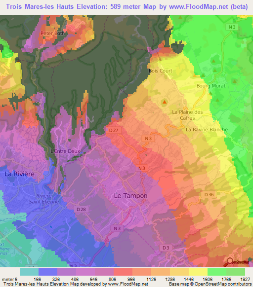 Trois Mares-les Hauts,Reunion Elevation Map