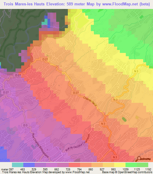 Trois Mares-les Hauts,Reunion Elevation Map