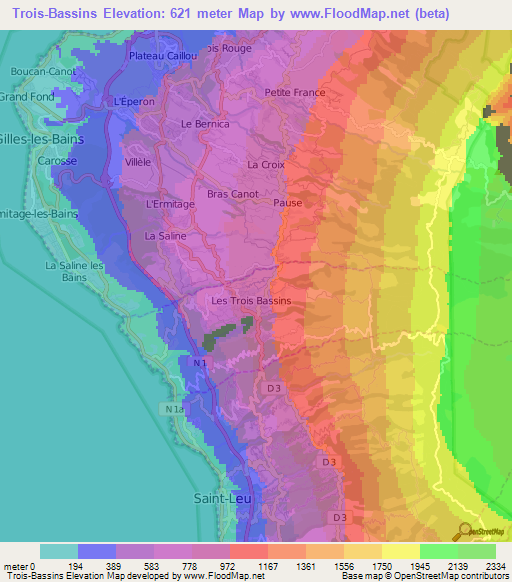 Trois-Bassins,Reunion Elevation Map