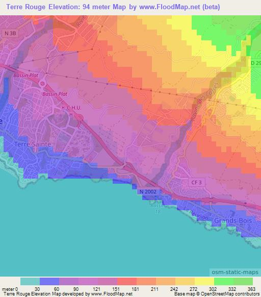 Terre Rouge,Reunion Elevation Map